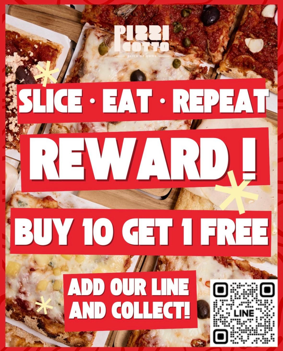 Pizzicotto loyalty rewards — buy 10 get 1 free, scan to add LINE